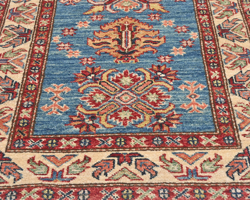 7 Feet Blue Kazak Afghan Hand Knotted Wool Runner Rug