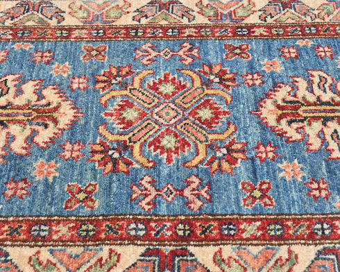 7 Feet Blue Kazak Afghan Hand Knotted Wool Runner Rug