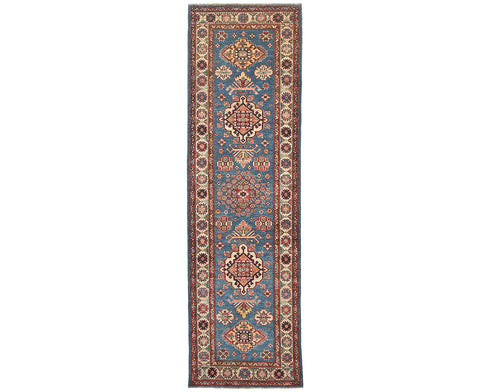 9 Feet Blue Kazak Afghan Hand Knotted Wool Runner Rug