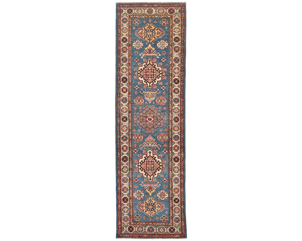 9 Feet Blue Kazak Afghan Hand Knotted Wool Runner Rug