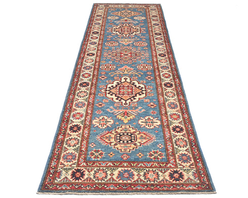 9 Feet Blue Kazak Afghan Hand Knotted Wool Runner Rug