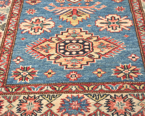 9 Feet Blue Kazak Afghan Hand Knotted Wool Runner Rug