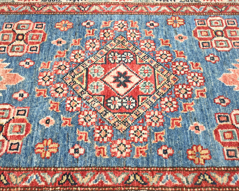 9 Feet Blue Kazak Afghan Hand Knotted Wool Runner Rug