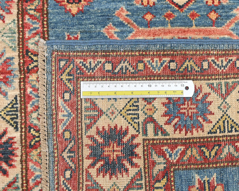 9 Feet Blue Kazak Afghan Hand Knotted Wool Runner Rug