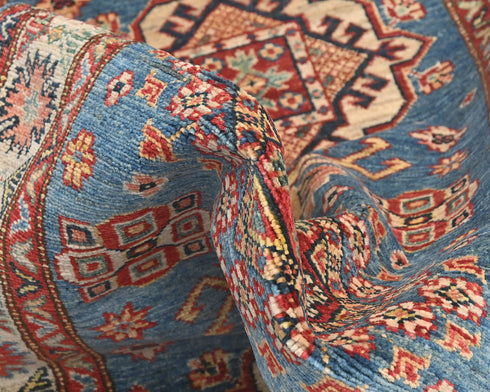 9 Feet Blue Kazak Afghan Hand Knotted Wool Runner Rug