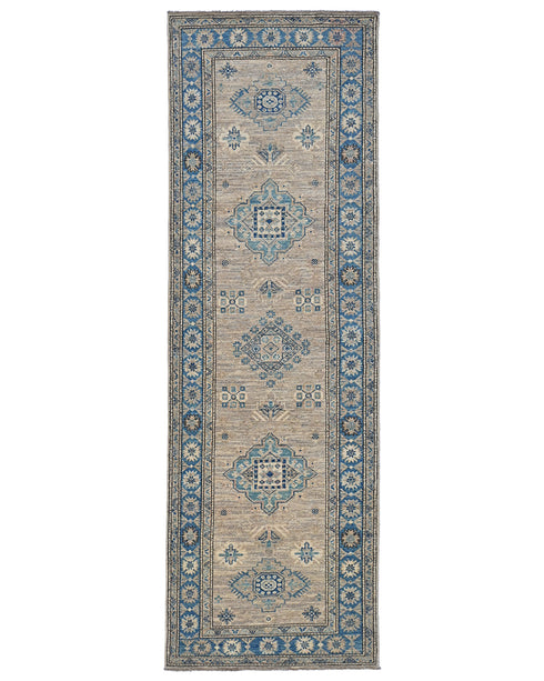 8 Ft Kazak Brown Gray Afghan Hand Knotted Geometric Wool Runner Rug