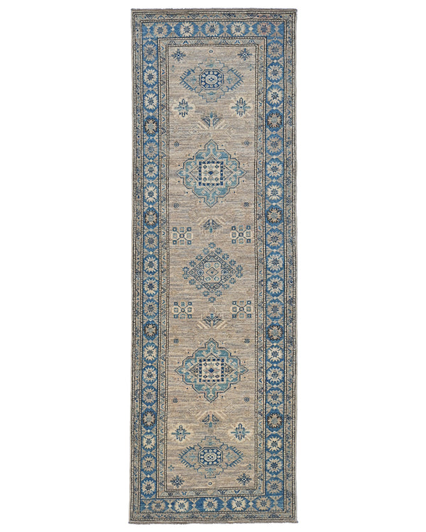 8 Ft Kazak Brown Gray Afghan Hand Knotted Geometric Wool Runner Rug