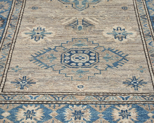 8 Ft Kazak Brown Gray Afghan Hand Knotted Geometric Wool Runner Rug