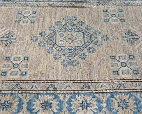 8 Ft Kazak Brown Gray Afghan Hand Knotted Geometric Wool Runner Rug
