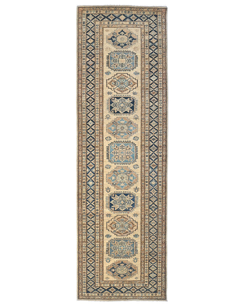 9 Ft Kazak Beige Afghan Hand Knotted Traditional Wool Runner Rug