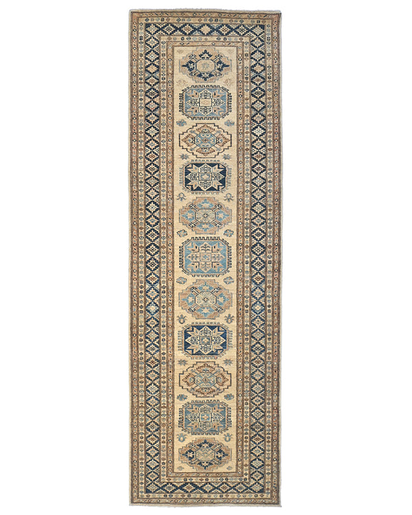 9 Ft Kazak Beige Afghan Hand Knotted Traditional Wool Runner Rug
