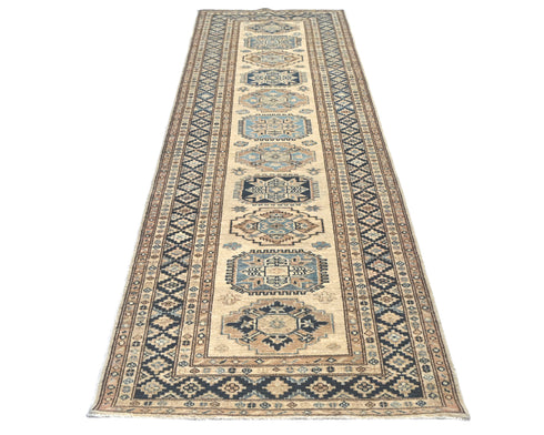 9 Ft Kazak Beige Afghan Hand Knotted Traditional Wool Runner Rug
