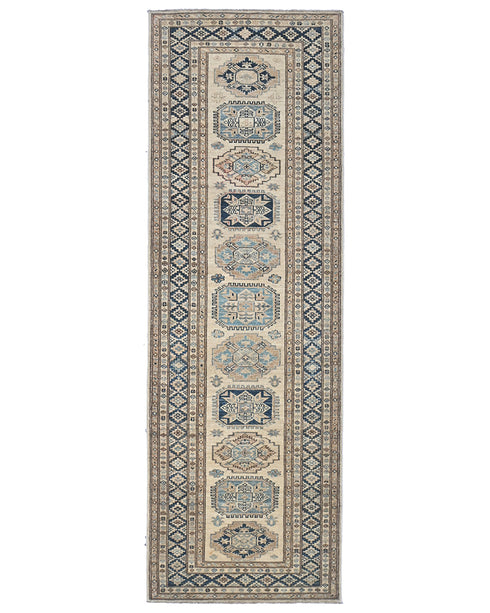 9 Feet Beige Kazak Afghan Hand Knotted Geometric Runner Rug