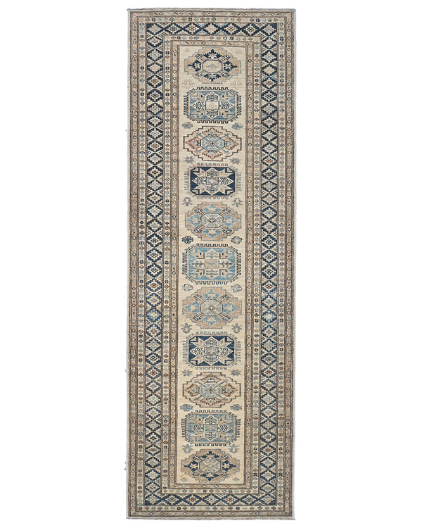 9 Feet Beige Kazak Afghan Hand Knotted Geometric Runner Rug