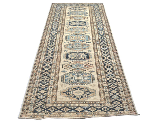 9 Feet Beige Kazak Afghan Hand Knotted Geometric Runner Rug