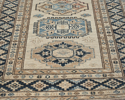9 Feet Beige Kazak Afghan Hand Knotted Geometric Runner Rug