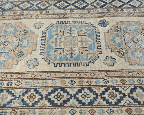 9 Feet Beige Kazak Afghan Hand Knotted Geometric Runner Rug