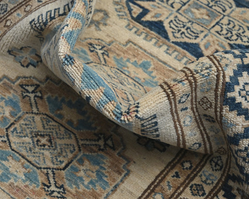 9 Feet Beige Kazak Afghan Hand Knotted Geometric Runner Rug