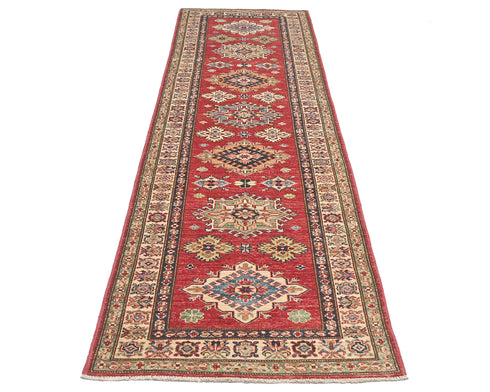 10 Feet Red Kazak Afghan Hand Knotted Wool Runner Rug