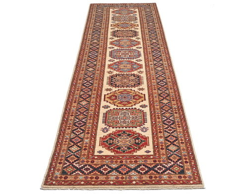 10 Feet Beige Kazak Afghan Hand Knotted Wool Runner Rug
