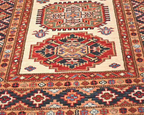 10 Feet Beige Kazak Afghan Hand Knotted Wool Runner Rug