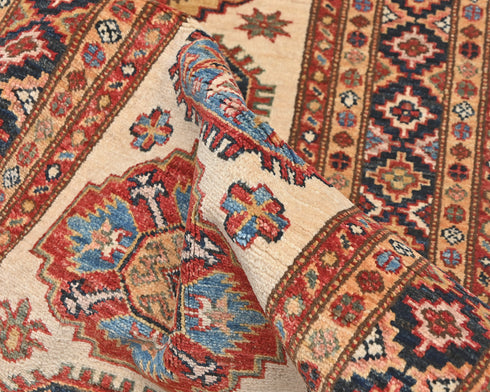 10 Feet Beige Kazak Afghan Hand Knotted Wool Runner Rug