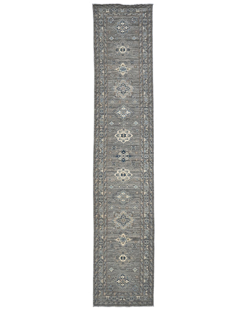 13 Ft Gray Kazak Afghan Hand Knotted Geometric Wool Runner Rug
