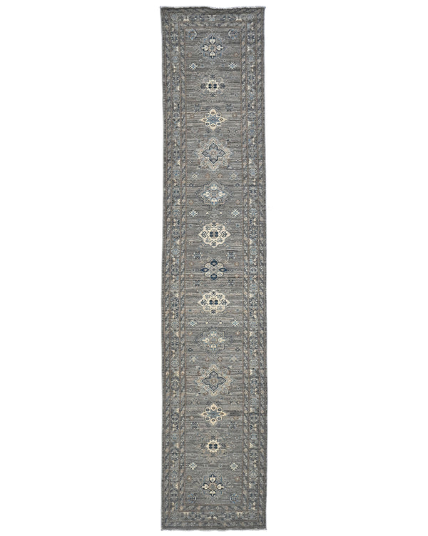 13 Ft Gray Kazak Afghan Hand Knotted Geometric Wool Runner Rug