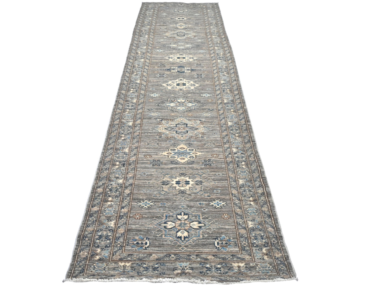 Alfombra de lana geométrica anudada a mano, color gris, Kazak Afghan, de 13 pies