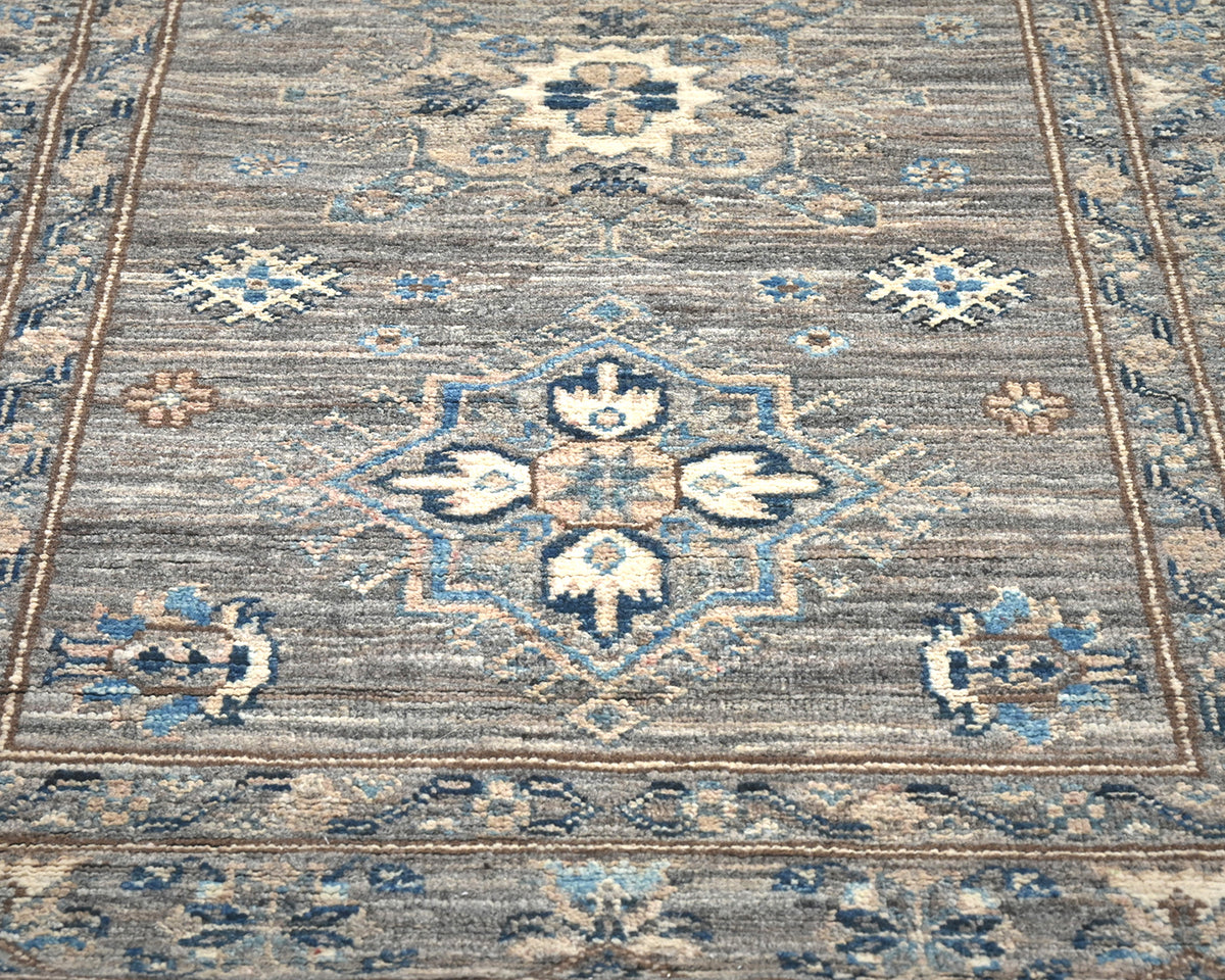 Alfombra de lana geométrica anudada a mano, color gris, Kazak Afghan, de 13 pies