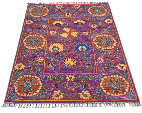 3x5 Purple Khurgeen Afghan Hand Knotted Wool Area Rug