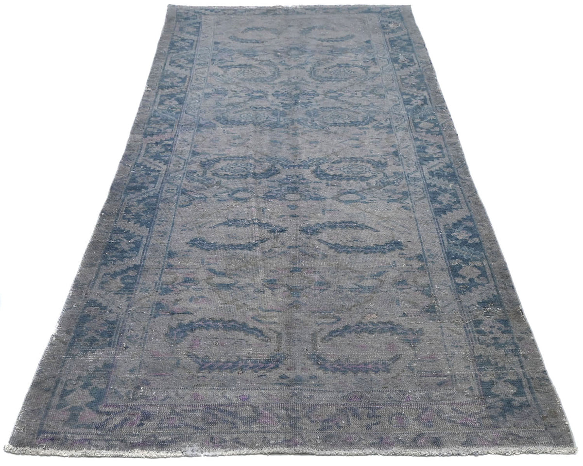 9 Ft Vintage Gray Blue Persian Style Distressed Hand Knotted Low Pile Wool Runner Rug