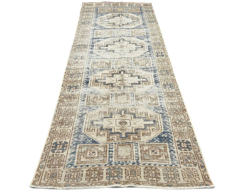 10 Ft Vintage Brown Persian Style Hand Knotted Distressed Low Pile Wool Runner Rug