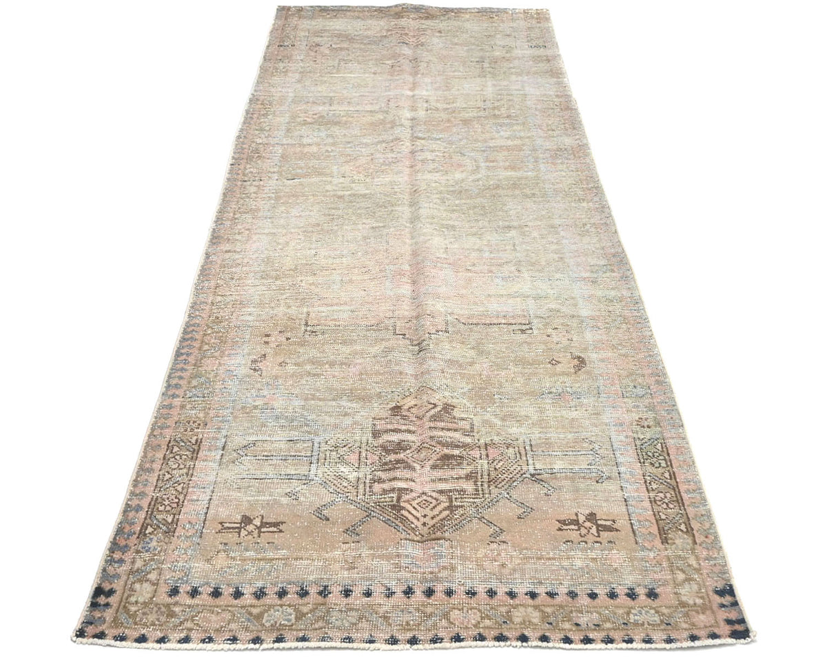 10 Ft Vintage Brown Persian Style Hand Knotted Distressed Low Pile Wool Runner Rug