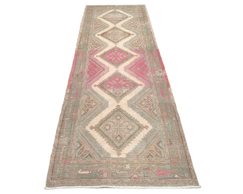 9 Ft Vintage Brown Persian Style Hand Knotted Low Pile Wool Runner Rug