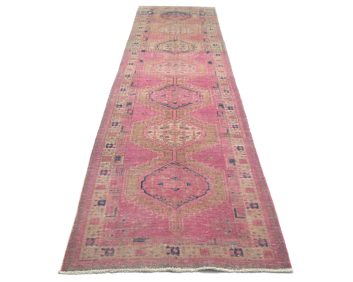 Alfombra de lana de pelo corto anudada a mano, estilo persa vintage, rosa y marrón, de 14 pies