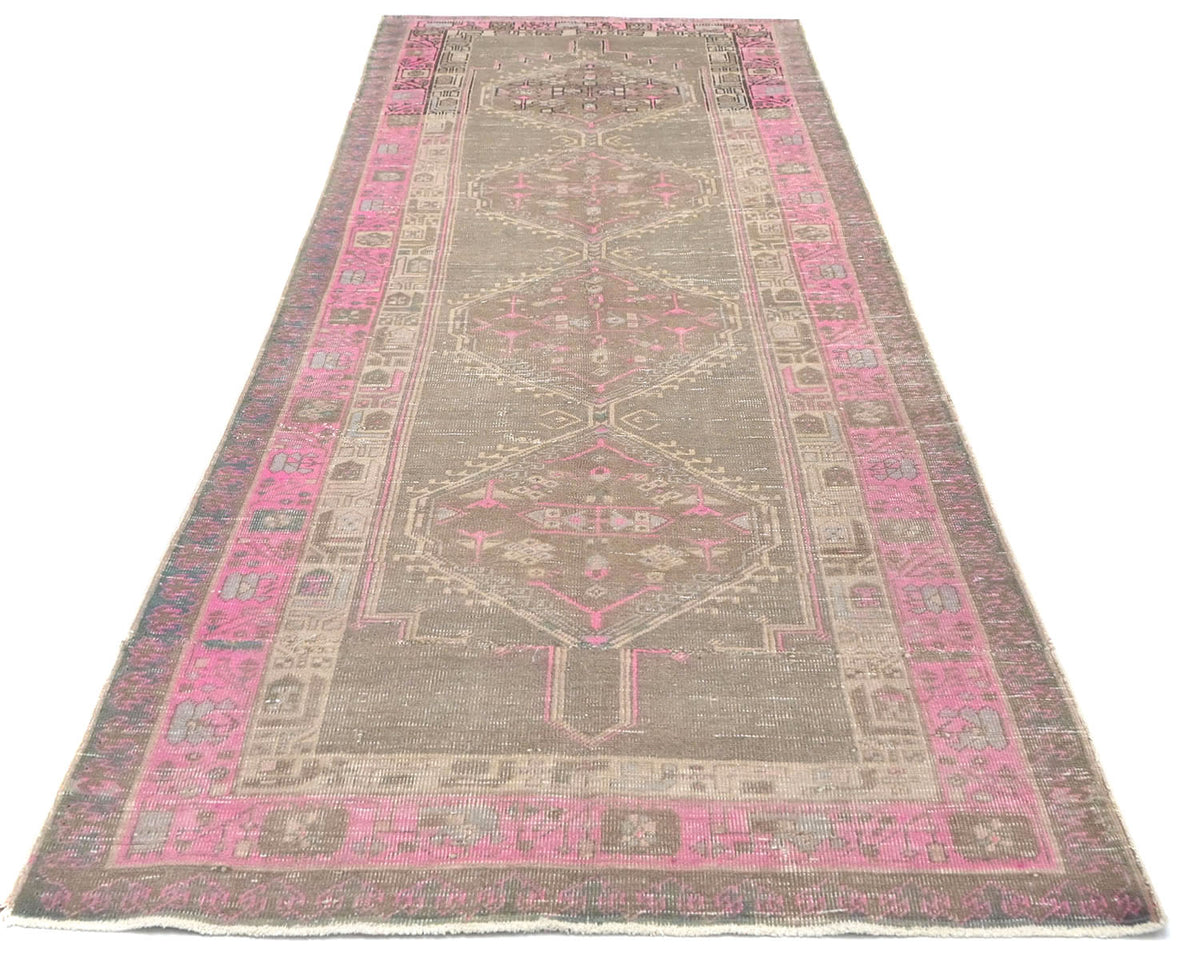 10 Ft Vintage Brown Persian Style Hand Knotted Low Pile Wool Runner Rug