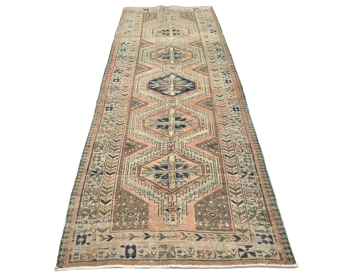 10 Ft Vintage Terracotta Persian Style Hand Knotted Low Pile Wool Runner Rug