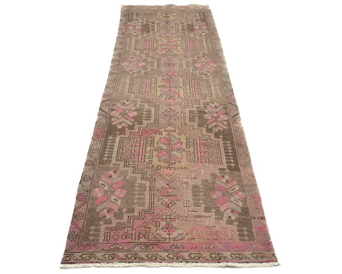10 Feet Vintage Persian Style Brown Hand Knotted Low Pile Wool Runner Rug