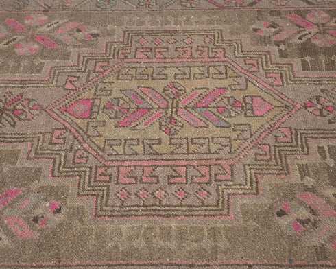 10 Feet Vintage Persian Style Brown Hand Knotted Low Pile Wool Runner Rug