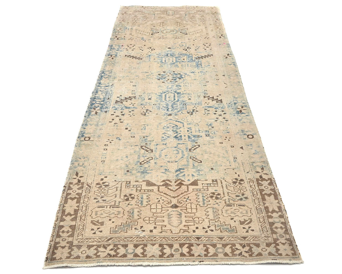 11 Ft Vintage Brown Persian Style Distressed Low Pile Wool Runner Rug