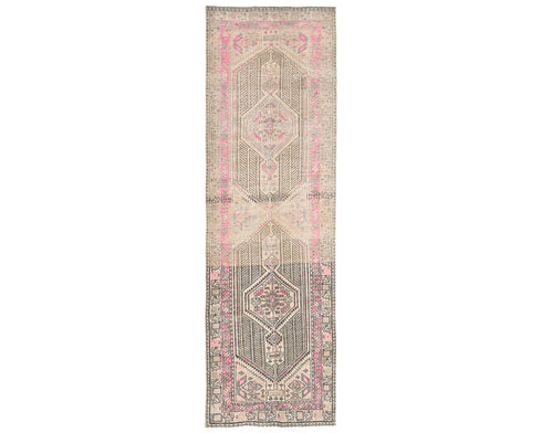 11 Ft Vintage Brown Persian Style Hand Knotted Distressed Low Pile Wool Runner Rug