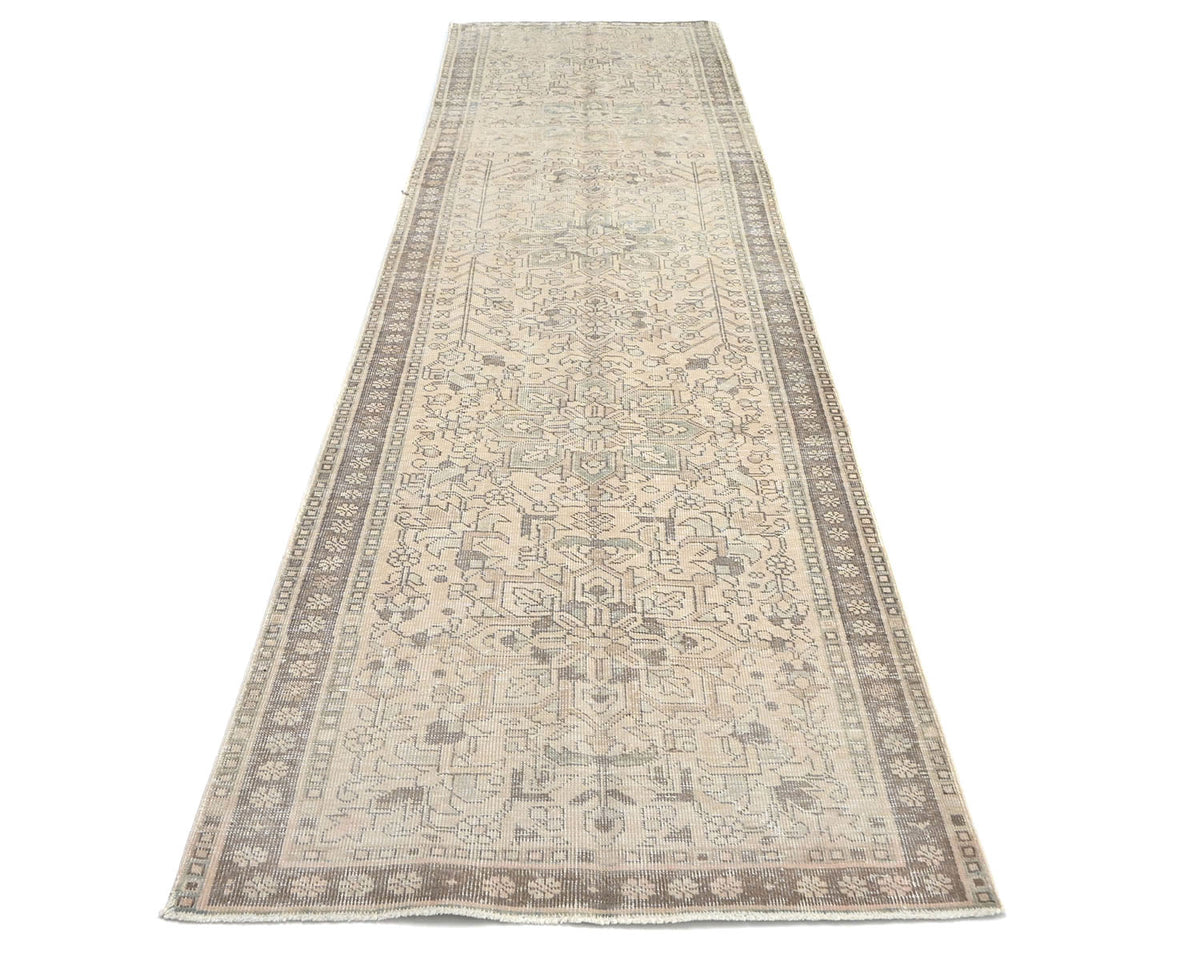 13 Ft Vintage Brown Persian Style Hand Knotted Distressed Low Pile Wool Runner Rug