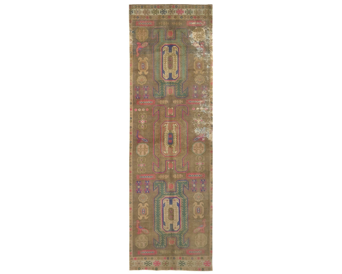 10 Ft Vintage Brown Persian Style Hand Knotted Low Pile Wool Runner Rug