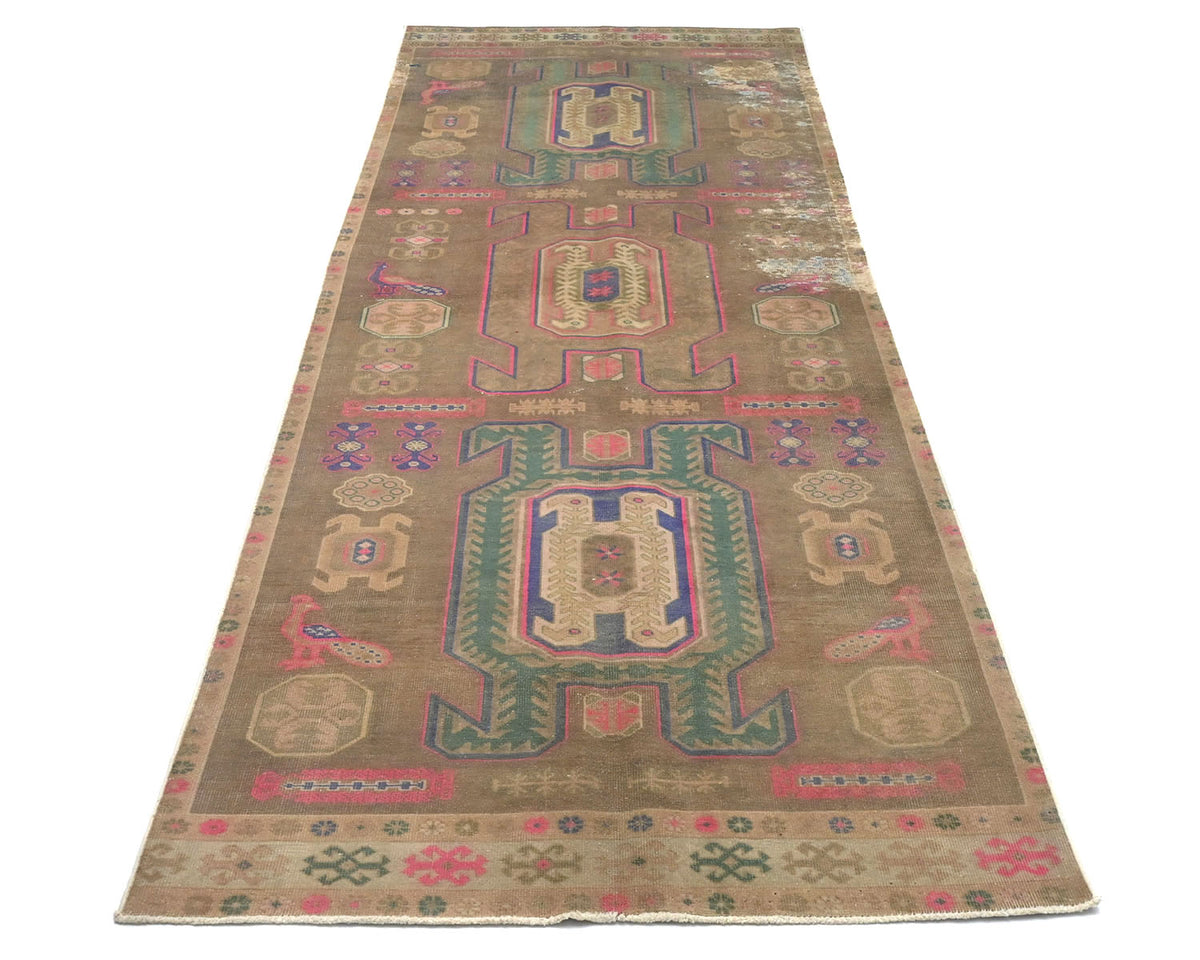 10 Ft Vintage Brown Persian Style Hand Knotted Low Pile Wool Runner Rug