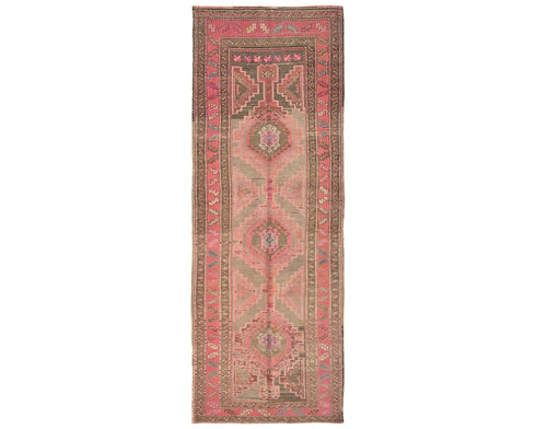 10 Ft Vintage Pink Brown Persian Style Hand Knotted Low Pile Wool Runner Rug