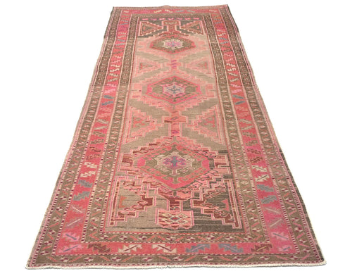 10 Ft Vintage Pink Brown Persian Style Hand Knotted Low Pile Wool Runner Rug