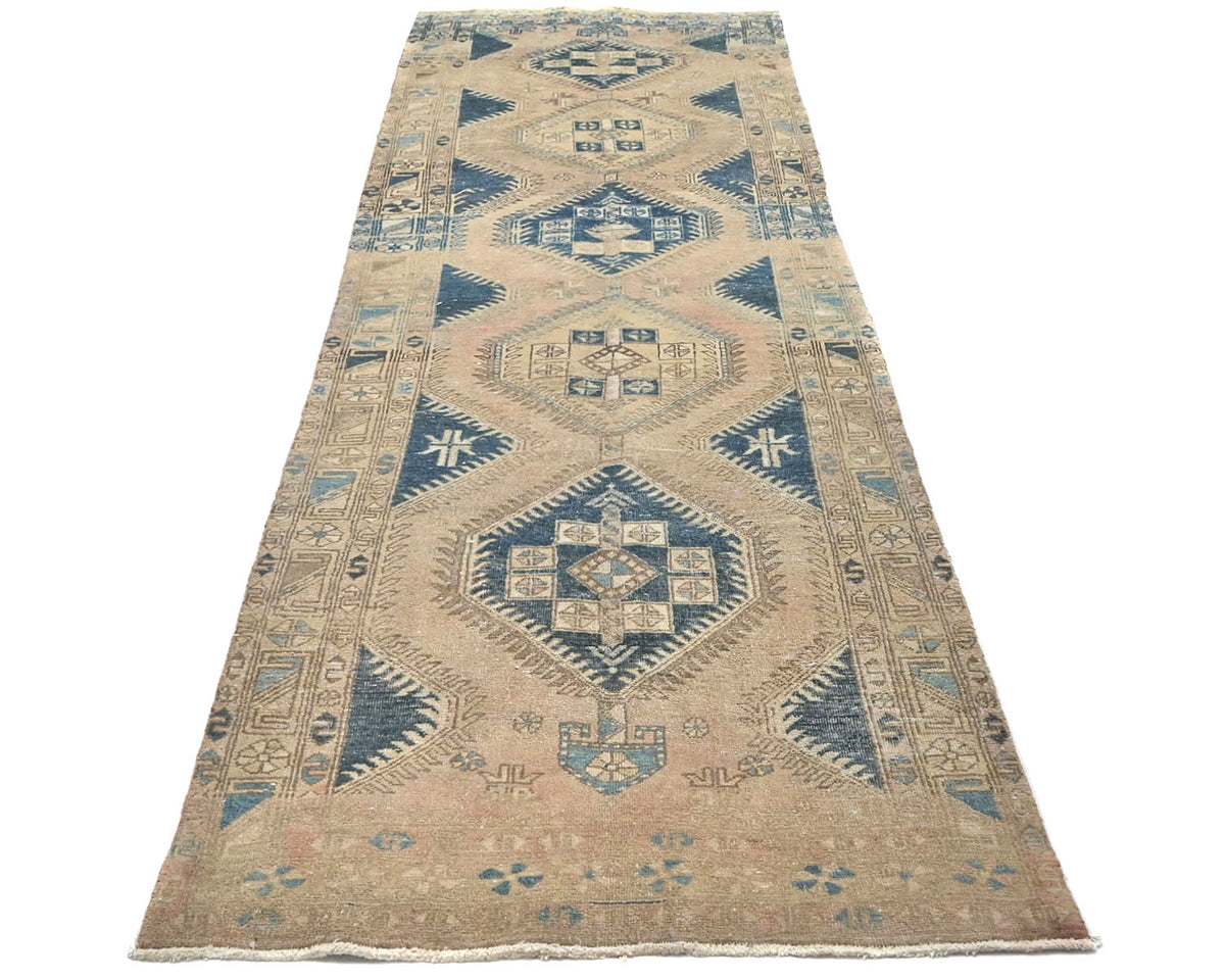 13 Ft Vintage Brown Persian Style Hand Knotted Low Pile Wool Runner Rug
