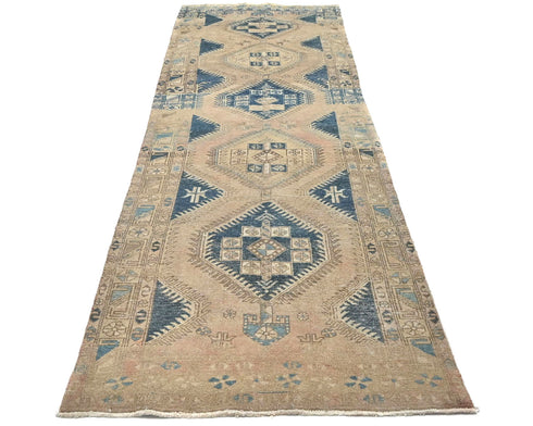 13 Ft Vintage Brown Persian Style Hand Knotted Low Pile Wool Runner Rug