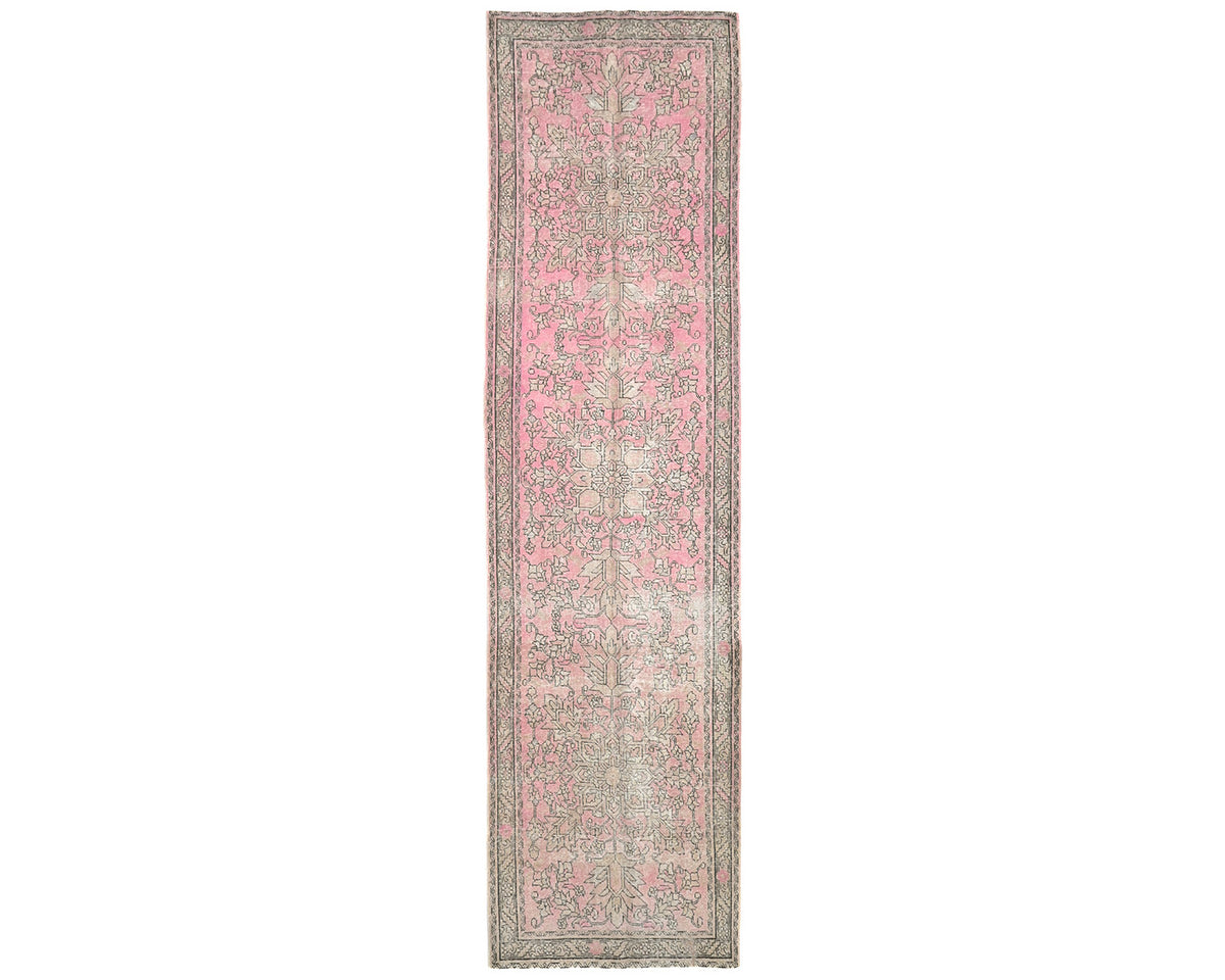 Alfombra de lana de pelo corto, estilo persa, vintage, rosa y marrón, anudada a mano, de 13 pies